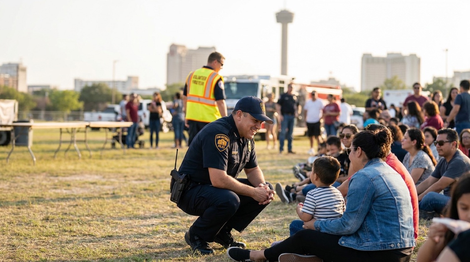 A police officer and firefighter with the community at a San Antonio outreach day